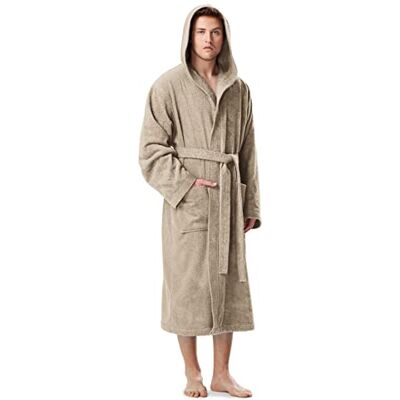 Arus Peignoir de bain pour hommes avec capuchon longueur mollet ou cheville tissu éponge100% coton certifié OEKO-TEX - Publicité Arus Peignoir de bain pour hommes avec capuchon longueur mollet ou cheville tissu éponge100% coton certifié OEKO-TEX - Publicité