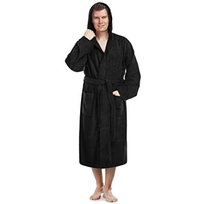 Arus Peignoir de bain pour hommes avec capuchon longueur mollet ou cheville tissu éponge100% coton certifié OEKO-TEX - Publicité Arus Peignoir de bain pour hommes avec capuchon longueur mollet ou cheville tissu éponge100% coton certifié OEKO-TEX - Publicité