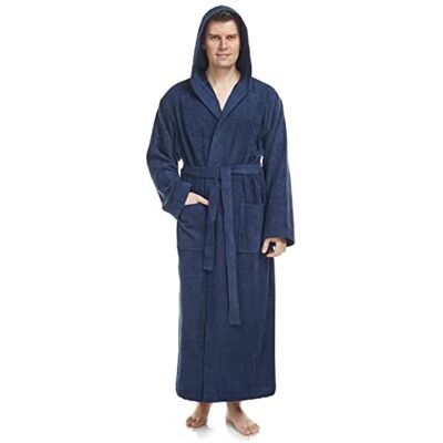 Arus Peignoir de bain pour hommes avec capuchon longueur mollet ou cheville tissu éponge100% coton certifié OEKO-TEX - Publicité Arus Peignoir de bain pour hommes avec capuchon longueur mollet ou cheville tissu éponge100% coton certifié OEKO-TEX - Publicité