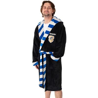 Harry Potter Peignoir à capuche unisexe noir et bleu Serdaigle Polaire confortable pour se détendre et prendre un bain Manches longues et motif rayé rétro Produits dérivés - Publicité Harry Potter Peignoir à capuche unisexe noir et bleu Serdaigle Polaire confortable pour se détendre et prendre un bain Manches longues et motif rayé rétro Produits dérivés - Publicité