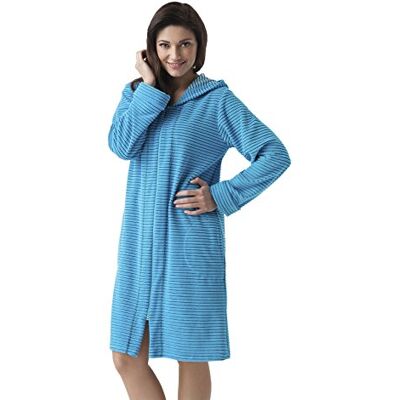 DOROTA Peignoir/Robe de Chambre Tendance, en Coton Souple, avec Poches, Zip et Capuche, Turquoise à Rayures, S (36/38) - Publicité DOROTA Peignoir/Robe de Chambre Tendance, en Coton Souple, avec Poches, Zip et Capuche, Turquoise à Rayures, S (36/38) - Publicité