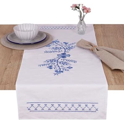Trimits Kit de broderie au point de croix Chemin de table Comprend tissu imprimé, fils, aiguille et instructions, 40 x 100 cm, motif floral bleu - Publicité Trimits Kit de broderie au point de croix Chemin de table Comprend tissu imprimé, fils, aiguille et instructions, 40 x 100 cm, motif floral bleu - Publicité