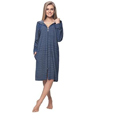 DOROTA Peignoir/Robe de Chambre Tendance, en Coton Souple, avec Poches, Zip et Capuche, Bleu Marine à Rayures, XL (44) - Publicité DOROTA Peignoir/Robe de Chambre Tendance, en Coton Souple, avec Poches, Zip et Capuche, Bleu Marine à Rayures, XL (44) - Publicité