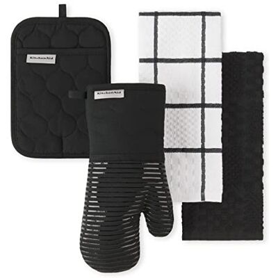 KitchenAid Quilted Cotton Terry Cloth Oven Mitt, Pot Holder, Kitchen Towel 4-Pack Set, Heat Resistant, Silicone Grip, Gift Set, Matte Black, 16"x26", 7"x13" & 7"x10 - Publicité KitchenAid Quilted Cotton Terry Cloth Oven Mitt, Pot Holder, Kitchen Towel 4-Pack Set, Heat Resistant, Silicone Grip, Gift Set, Matte Black, 16"x26", 7"x13" & 7"x10 - Publicité