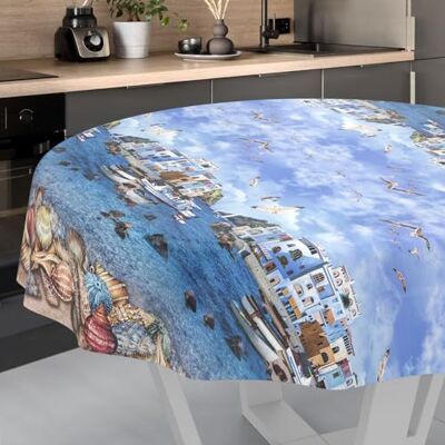 ANRO Nappe en Toile cirée Lavable, pour Table de Jardin, extérieur et intérieur, Ronde, 140 cm, Bord coupé, Motif Bord de pêcheur - Publicité ANRO Nappe en Toile cirée Lavable, pour Table de Jardin, extérieur et intérieur, Ronde, 140 cm, Bord coupé, Motif Bord de pêcheur - Publicité