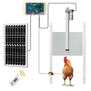 DCHOUSE Porte de poulailler automatique à énergie solaire avec panneau solaire de 10 W, télécommande, capteur de lumière et infrarouge, pour poulailler, canard, accessoires d'utilisation de sécurité - Publicité