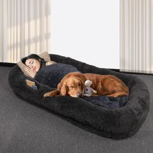 PEUTIER Lit pour Chien Humain, 185x120x30cm Lit pour Chien Humain pour Grands Chiens pour Chien Humain Doux Lit pour Chien Humain Pliable pour Adulte avec Couverture, Sangle et Oreiller (Gris Foncé) - Publicité