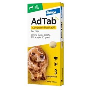 Elanco Italie Spa Adtab pour Chiens 11-22kg - 3 Comprimés Masticables 450mg - Traitement contre puces et tiques - Publicité Elanco Italie Spa Adtab pour Chiens 11-22kg - 3 Comprimés Masticables 450mg - Traitement contre puces et tiques - Publicité