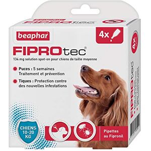 Beaphar – FIPROTEC 134 mg – Solution spot-on pour chiens moyens (10-20 kg) – À base de Fipronil – Élimine les puces Protège contre les infestations par tiques et puces – 4 pipettes de 1,34 ml - Publicité