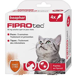 Beaphar – FIPROTEC 50 mg – Solution spot-on au Fipronil pour chats (> 1 kg) – Traite les infestations par les puces – Tue les tiques présentes sur le chat en 48 h – 4 pipettes de 0,5 ml - Publicité