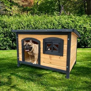 ATAA Niche éco-Responsable en Bois pour Chiens Toby Noir- Niche en Bois pour Chien de Taille Moyenne, Niche Exterieur avec Toit ouvrant, Niche pour Chien avec fenêtre - Publicité