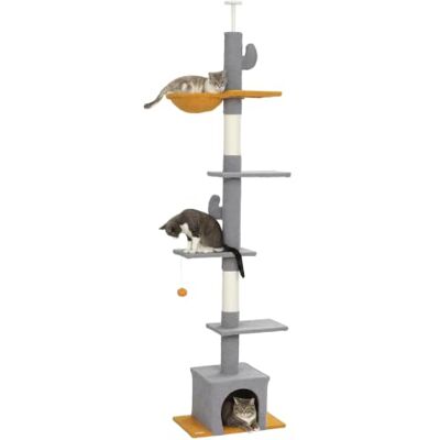 PawHut Arbre à Chat du Sol au Plafond 6 Niveaux Hamac 275 cm Gris Clair Tour de Jeux pour Chat, Plate-formes, Niche, Balle, Griffoirs, Grimper, Gratter et Jouer - Publicité PawHut Arbre à Chat du Sol au Plafond 6 Niveaux Hamac 275 cm Gris Clair Tour de Jeux pour Chat, Plate-formes, Niche, Balle, Griffoirs, Grimper, Gratter et Jouer - Publicité