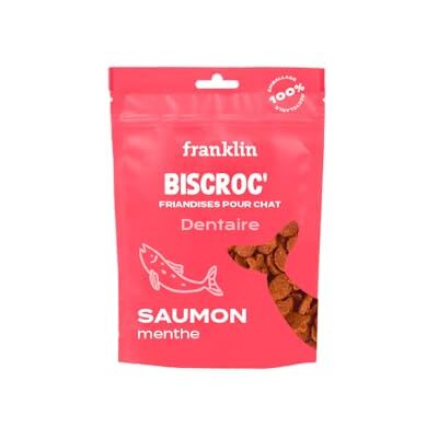Franklin – Friandises Dentaire pour Chat – Snack croustillant Saumon & Menthe – Haleine Fraiche – Anti-Tartre – Soin Dentaire – sans céréales – pour Chaton, Adultes & Senior – Sachet Recyclable – 50g - Publicité Franklin – Friandises Dentaire pour Chat – Snack croustillant Saumon & Menthe – Haleine Fraiche – Anti-Tartre – Soin Dentaire – sans céréales – pour Chaton, Adultes & Senior – Sachet Recyclable – 50g - Publicité