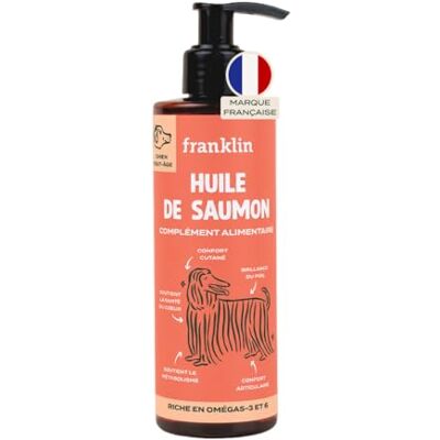 Franklin – Huile de Saumon pour Chien Complément Alimentaire – Riche en Oméga 3 et 6 – Soins Peau, Pelage et Articulations – 100% Naturelle – Pompe Incluse – 250 ML - Publicité Franklin – Huile de Saumon pour Chien Complément Alimentaire – Riche en Oméga 3 et 6 – Soins Peau, Pelage et Articulations – 100% Naturelle – Pompe Incluse – 250 ML - Publicité