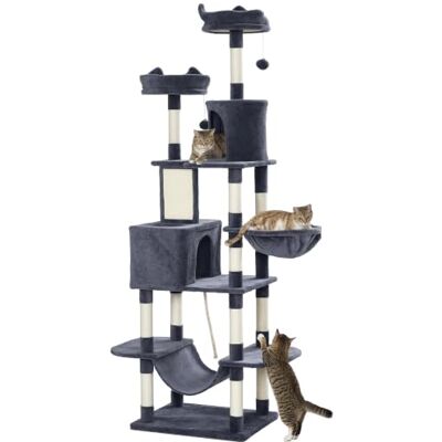 PawHut Arbre à chat 206 cm, tour de jeux pour chat avec poteaux et planche à griffer, 4 plateformes, 2 niches, 1 hamac, 2 balles et corde, en peluche, plusieurs niveaux idéal pour 1-3 chats gris foncé - Publicité PawHut Arbre à chat 206 cm, tour de jeux pour chat avec poteaux et planche à griffer, 4 plateformes, 2 niches, 1 hamac, 2 balles et corde, en peluche, plusieurs niveaux idéal pour 1-3 chats gris foncé - Publicité