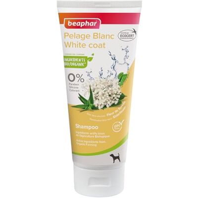 Beaphar – Shampoing pour Pelage Blanc labellisé ECOCERT pour Chien – Contient de l'Aloe Vera et des extraits de Fleurs de Sureau Bio – pH Neutre – sans paraben, Silicone, Colorant, Alcool – 200 ML - Publicité Beaphar – Shampoing pour Pelage Blanc labellisé ECOCERT pour Chien – Contient de l'Aloe Vera et des extraits de Fleurs de Sureau Bio – pH Neutre – sans paraben, Silicone, Colorant, Alcool – 200 ML - Publicité