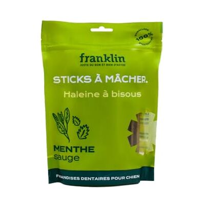 Franklin – Friandises Dentaires pour Chien – Stick à mâcher avec 30% de Menthe – Haleine Fraîche & Anti-Tartre – Mastication Longue – Tout Âge – 250g - Publicité Franklin – Friandises Dentaires pour Chien – Stick à mâcher avec 30% de Menthe – Haleine Fraîche & Anti-Tartre – Mastication Longue – Tout Âge – 250g - Publicité