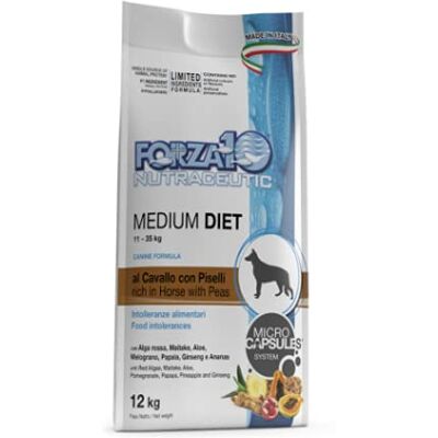 Forza10 Medium Diet Nourriture pour Chiens - Cheval & Petits Pois - Publicité Forza10 Medium Diet Nourriture pour Chiens - Cheval & Petits Pois - Publicité