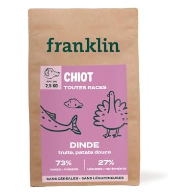 Franklin – Croquette pour Chiot – 73% de Dinde et Truite – sans Céreales et sans Légumineuses – Digestion Facile – Croissance Optimale – Taille 13mm – 2,5 kg - Publicité Franklin – Croquette pour Chiot – 73% de Dinde et Truite – sans Céreales et sans Légumineuses – Digestion Facile – Croissance Optimale – Taille 13mm – 2,5 kg - Publicité