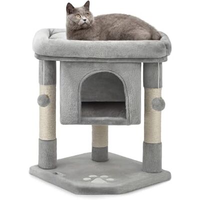 lionto Arbre à Chat avec Niche et Couchage, 60 cm, Gris Clair Petit arbre à chat avec grand panier, deux balles en peluche et niche pour grimper, jouer, se cacher et griffer - Publicité lionto Arbre à Chat avec Niche et Couchage, 60 cm, Gris Clair Petit arbre à chat avec grand panier, deux balles en peluche et niche pour grimper, jouer, se cacher et griffer - Publicité