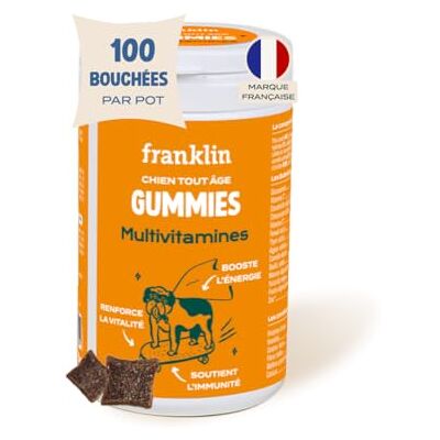 Franklin – Gummies Multivitamines Chien Complément Alimentaire pour Chien – Soutient Complet – Renforce l’immunité – Soins Peau et Pelage – Principes Actifs – Vitamine C, B – 100 Bouchées – 150 g - Publicité Franklin – Gummies Multivitamines Chien Complément Alimentaire pour Chien – Soutient Complet – Renforce l’immunité – Soins Peau et Pelage – Principes Actifs – Vitamine C, B – 100 Bouchées – 150 g - Publicité