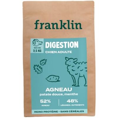 Franklin – Croquettes pour Chien Sensible – Gamme Protéinée – avec 52% d'agneau – sans céréales – Mono-protéine – Taille 13 mm – 2,5 kg - Publicité Franklin – Croquettes pour Chien Sensible – Gamme Protéinée – avec 52% d'agneau – sans céréales – Mono-protéine – Taille 13 mm – 2,5 kg - Publicité