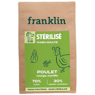 Franklin – Croquettes pour Chien Stérilisé – Gamme Protéinées avec 70% de Poulet – Mono-protéine – sans Céréales – Forme Ronde 13mm – 12 kg - Publicité Franklin – Croquettes pour Chien Stérilisé – Gamme Protéinées avec 70% de Poulet – Mono-protéine – sans Céréales – Forme Ronde 13mm – 12 kg - Publicité