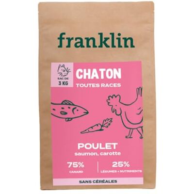 Franklin – Croquettes pour Chaton – Gamme Carnivore – 75% de Viande et Poisson – Croquettes sans Céréales – Soutient la Croissance – Au Poulet et Saumon – Fermeture Intégrée – Taille 7mm – 3 kg - Publicité Franklin – Croquettes pour Chaton – Gamme Carnivore – 75% de Viande et Poisson – Croquettes sans Céréales – Soutient la Croissance – Au Poulet et Saumon – Fermeture Intégrée – Taille 7mm – 3 kg - Publicité