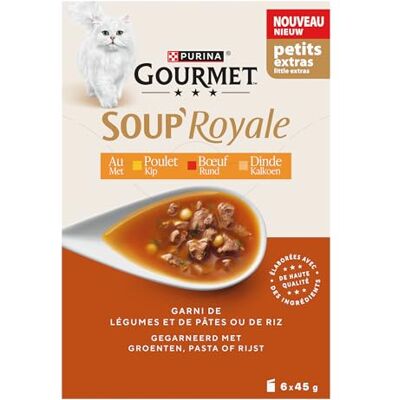 Gourmet Soup Royale Soupe Exquise à la Viande Aliment Complémentaire Humide pour Chat Adulte Elaboré avec des ingrédients de Haute Qualité Poulet, Dinde, Bœuf Sachets Fraîcheur - Publicité Gourmet Soup Royale Soupe Exquise à la Viande Aliment Complémentaire Humide pour Chat Adulte Elaboré avec des ingrédients de Haute Qualité Poulet, Dinde, Bœuf Sachets Fraîcheur - Publicité
