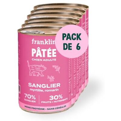 Franklin – Pâtée pour Chien – sans Céréales – 70% Sanglier – Digestion Facile – Hypoallergénique – Riche en Protéine – Format Boite – 6 x 400g - Publicité Franklin – Pâtée pour Chien – sans Céréales – 70% Sanglier – Digestion Facile – Hypoallergénique – Riche en Protéine – Format Boite – 6 x 400g - Publicité