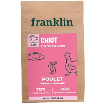 Franklin – Croquettes pour Chiot – avec 70% de Poulet et Saumon – sans Céréales – Taille 11mm – 6 kg - Publicité Franklin – Croquettes pour Chiot – avec 70% de Poulet et Saumon – sans Céréales – Taille 11mm – 6 kg - Publicité