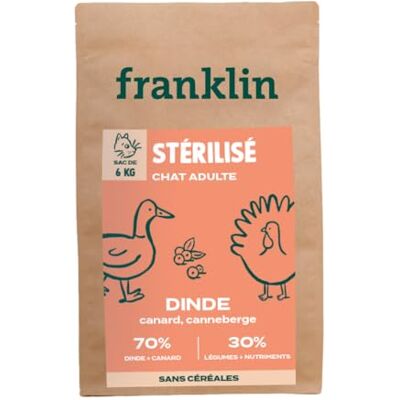 Franklin – Croquettes Chat Stérilisé – Adulte – Gamme Carnivore – 70% de Dinde et de Canard – Riche en Protéines – Croquettes sans Céréales – Anti-Boule De Poil – Fermeture Intégrée – Taille 9mm – 6kg - Publicité Franklin – Croquettes Chat Stérilisé – Adulte – Gamme Carnivore – 70% de Dinde et de Canard – Riche en Protéines – Croquettes sans Céréales – Anti-Boule De Poil – Fermeture Intégrée – Taille 9mm – 6kg - Publicité