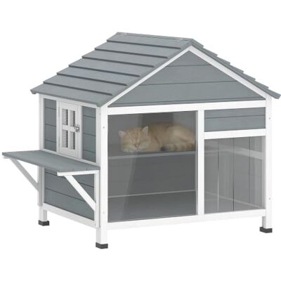 PawHut Maison pour Chat en Bois Toit Ouvrant Fenêtre 101x72,5x81cm Gris Résistant aux Intempéries, Niche Chat Extérieur, Porte à Lamelles, Plateforme, Grande Villa Double Étage - Publicité PawHut Maison pour Chat en Bois Toit Ouvrant Fenêtre 101x72,5x81cm Gris Résistant aux Intempéries, Niche Chat Extérieur, Porte à Lamelles, Plateforme, Grande Villa Double Étage - Publicité