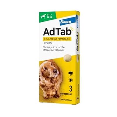 Elanco Italie Spa Adtab pour Chiens 11-22kg - 3 Comprimés Masticables 450mg - Traitement contre puces et tiques - Publicité Elanco Italie Spa Adtab pour Chiens 11-22kg - 3 Comprimés Masticables 450mg - Traitement contre puces et tiques - Publicité