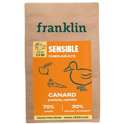 Franklin – Nourriture pour Chien sans Céréales – Gamme Protéinée – avec 70% de Canard – Mono-protéine – Digestion Facile – Forme Ronde 13mm – 2,5kg - Publicité Franklin – Nourriture pour Chien sans Céréales – Gamme Protéinée – avec 70% de Canard – Mono-protéine – Digestion Facile – Forme Ronde 13mm – 2,5kg - Publicité