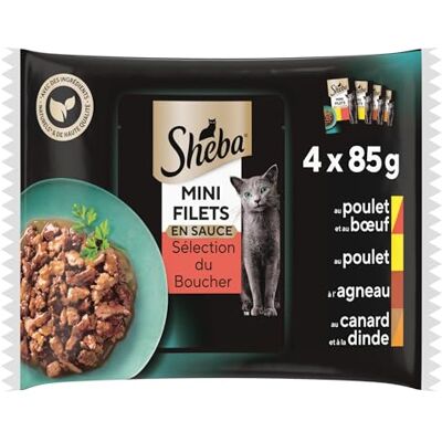 Sheba Mini Filets Sélection du Boucher, Sachet Chat en Sauce, Lot de 52 Sachets Fraîcheur (13 Packs de 4 x 85 g), 4 Variétés, Nourriture Humide pour Chat Adulte, Repas Chat Complet et Équilibré - Publicité Sheba Mini Filets Sélection du Boucher, Sachet Chat en Sauce, Lot de 52 Sachets Fraîcheur (13 Packs de 4 x 85 g), 4 Variétés, Nourriture Humide pour Chat Adulte, Repas Chat Complet et Équilibré - Publicité