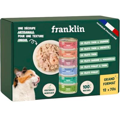 Franklin – Nourriture Humide pour Chat – Filets en Sauce Chat cuit au Bouillon – 100% Naturel, sans Additifs – Texture Appétente – Riche en Protéines – Faible en Calories – Pack 12 x 70 g - Publicité Franklin – Nourriture Humide pour Chat – Filets en Sauce Chat cuit au Bouillon – 100% Naturel, sans Additifs – Texture Appétente – Riche en Protéines – Faible en Calories – Pack 12 x 70 g - Publicité