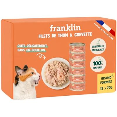 Franklin – Nourriture Humide pour Chat – Filet Thon et Crevette cuit au Bouillon – 100% Naturel, sans Additifs – Texture Savoureuse – Riche en Protéines – Faible en Calories – Lot 12 x 70g - Publicité Franklin – Nourriture Humide pour Chat – Filet Thon et Crevette cuit au Bouillon – 100% Naturel, sans Additifs – Texture Savoureuse – Riche en Protéines – Faible en Calories – Lot 12 x 70g - Publicité