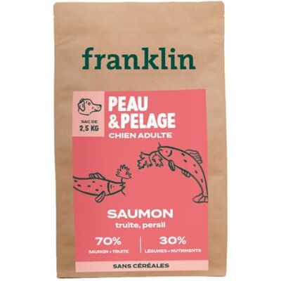 Franklin – Croquettes pour Chien – Gamme Protéinée – avec 70% de Saumon – Mono-protéine – sans Céréales – Peau et Pelage – Forme Triangle 11mm – 2,5 kg - Publicité Franklin – Croquettes pour Chien – Gamme Protéinée – avec 70% de Saumon – Mono-protéine – sans Céréales – Peau et Pelage – Forme Triangle 11mm – 2,5 kg - Publicité