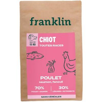 Franklin – Croquettes pour Chiot – avec 70% de Poulet et Saumon – sans Céréales – Taille 11mm – 12 kg - Publicité Franklin – Croquettes pour Chiot – avec 70% de Poulet et Saumon – sans Céréales – Taille 11mm – 12 kg - Publicité