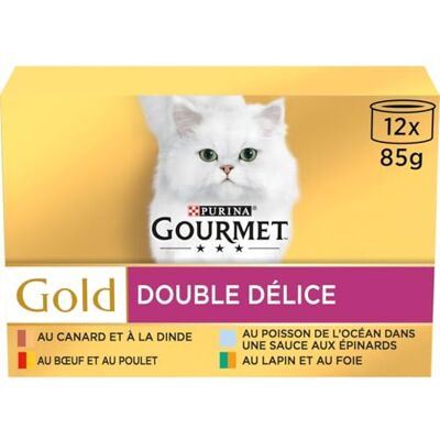 Gourmet Gold Double Délice Chat Adulte Filettines en Sauce Bœuf et Poulet, Lapin et Foie, Poisson de l'Océan Sauce aux Epinards, Canard et Dinde Boîtes Lot de 8 (12 x 85 g) - Publicité Gourmet Gold Double Délice Chat Adulte Filettines en Sauce Bœuf et Poulet, Lapin et Foie, Poisson de l'Océan Sauce aux Epinards, Canard et Dinde Boîtes Lot de 8 (12 x 85 g) - Publicité