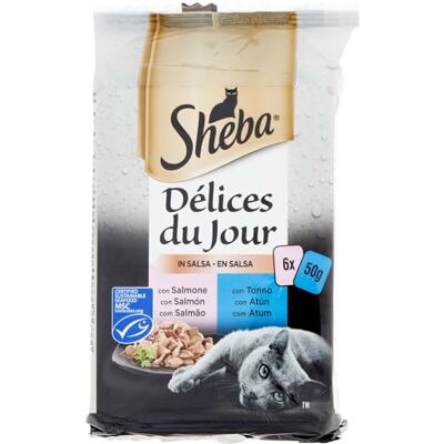 Sheba Délice du Jour Aliments Humides pour Chats au Saumon et au Thon en Sauce Lot de 6 Sachets x 50 g - Publicité Sheba Délice du Jour Aliments Humides pour Chats au Saumon et au Thon en Sauce Lot de 6 Sachets x 50 g - Publicité