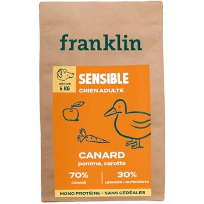 Franklin – Nourriture pour Chien sans Céréales – Gamme Protéinée – avec 70% de Canard – Mono-protéine – Digestion Facile – Forme Ronde 13mm – 6 kg - Publicité Franklin – Nourriture pour Chien sans Céréales – Gamme Protéinée – avec 70% de Canard – Mono-protéine – Digestion Facile – Forme Ronde 13mm – 6 kg - Publicité