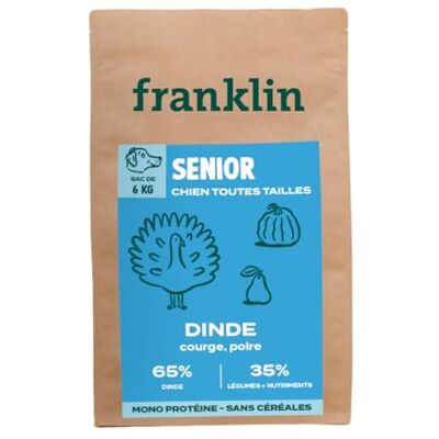 Franklin – Croquettes pour Chien Senior – Gamme Protéinée – avec 65% Dinde – sans céréales – Mono-protéine – Taille 13mm– 6 kg - Publicité Franklin – Croquettes pour Chien Senior – Gamme Protéinée – avec 65% Dinde – sans céréales – Mono-protéine – Taille 13mm– 6 kg - Publicité