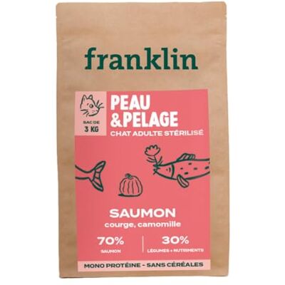 Franklin – Croquettes pour Chat Stérilisé – Gamme Bien-être – avec 70% de Saumon – sans Céréales – Hypoallergénique – Peau et Pelage – Taille 10mm – 3 kg - Publicité Franklin – Croquettes pour Chat Stérilisé – Gamme Bien-être – avec 70% de Saumon – sans Céréales – Hypoallergénique – Peau et Pelage – Taille 10mm – 3 kg - Publicité