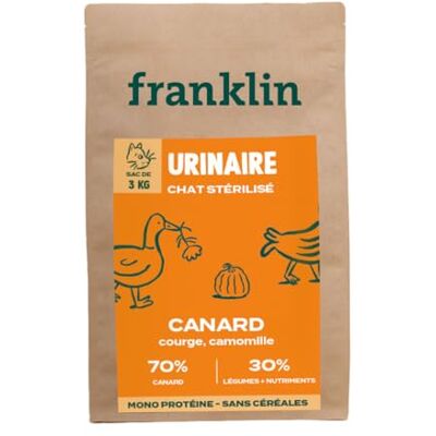 Franklin – Croquettes Urinaires pour Chat Stérilisé – Bien– Être – avec 70% de Canard – sans céréales – Mono-protéine – Taille 10mm – 3 kg - Publicité Franklin – Croquettes Urinaires pour Chat Stérilisé – Bien– Être – avec 70% de Canard – sans céréales – Mono-protéine – Taille 10mm – 3 kg - Publicité