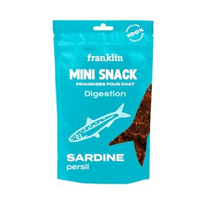 Franklin – Friandises pour Chats – Snack Sardine & Persil – sans céréales – Facilite la Digestion – Soutient Le système immunitaire – pour Chaton, Adultes & Senior – Sachet Recyclable – 50 g - Publicité Franklin – Friandises pour Chats – Snack Sardine & Persil – sans céréales – Facilite la Digestion – Soutient Le système immunitaire – pour Chaton, Adultes & Senior – Sachet Recyclable – 50 g - Publicité