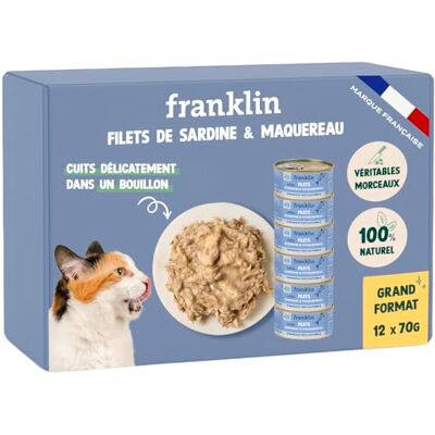 Franklin – Nourriture Humide pour Chat – Filet Sardine et Maquereau cuit au Bouillon – 100% Naturel, sans Additifs – Texture Savoureuse – Riche en Protéines – Faible en Calories – Lot 12 x 70g - Publicité Franklin – Nourriture Humide pour Chat – Filet Sardine et Maquereau cuit au Bouillon – 100% Naturel, sans Additifs – Texture Savoureuse – Riche en Protéines – Faible en Calories – Lot 12 x 70g - Publicité