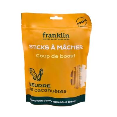 Franklin – Stick Dentaires Chien – Bâtonnets à Mâcher – Saveur Beurre de Cacahuètes – pour Hygiène Bucco-Dentaire – Tout Age – Anti-tartre – 250g - Publicité Franklin – Stick Dentaires Chien – Bâtonnets à Mâcher – Saveur Beurre de Cacahuètes – pour Hygiène Bucco-Dentaire – Tout Age – Anti-tartre – 250g - Publicité