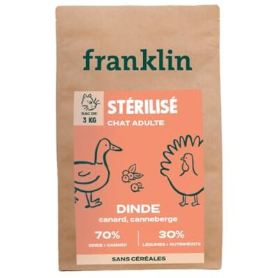 Franklin – Croquettes Chat Stérilisé – Adulte – Gamme Carnivore – 70% de Dinde et de Canard – Riche en Protéines – Croquettes sans Céréales – Anti-Boule De Poil – Fermeture Intégrée – Taille 9mm – 3kg - Publicité Franklin – Croquettes Chat Stérilisé – Adulte – Gamme Carnivore – 70% de Dinde et de Canard – Riche en Protéines – Croquettes sans Céréales – Anti-Boule De Poil – Fermeture Intégrée – Taille 9mm – 3kg - Publicité